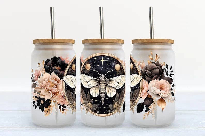 Moth with Flowers 16oz Libbey Glass Tumbler