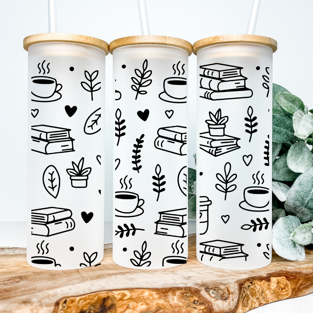 Books & Coffee | VINYL | 25oz Skinny Glass Tumbler: Frosted, Blank