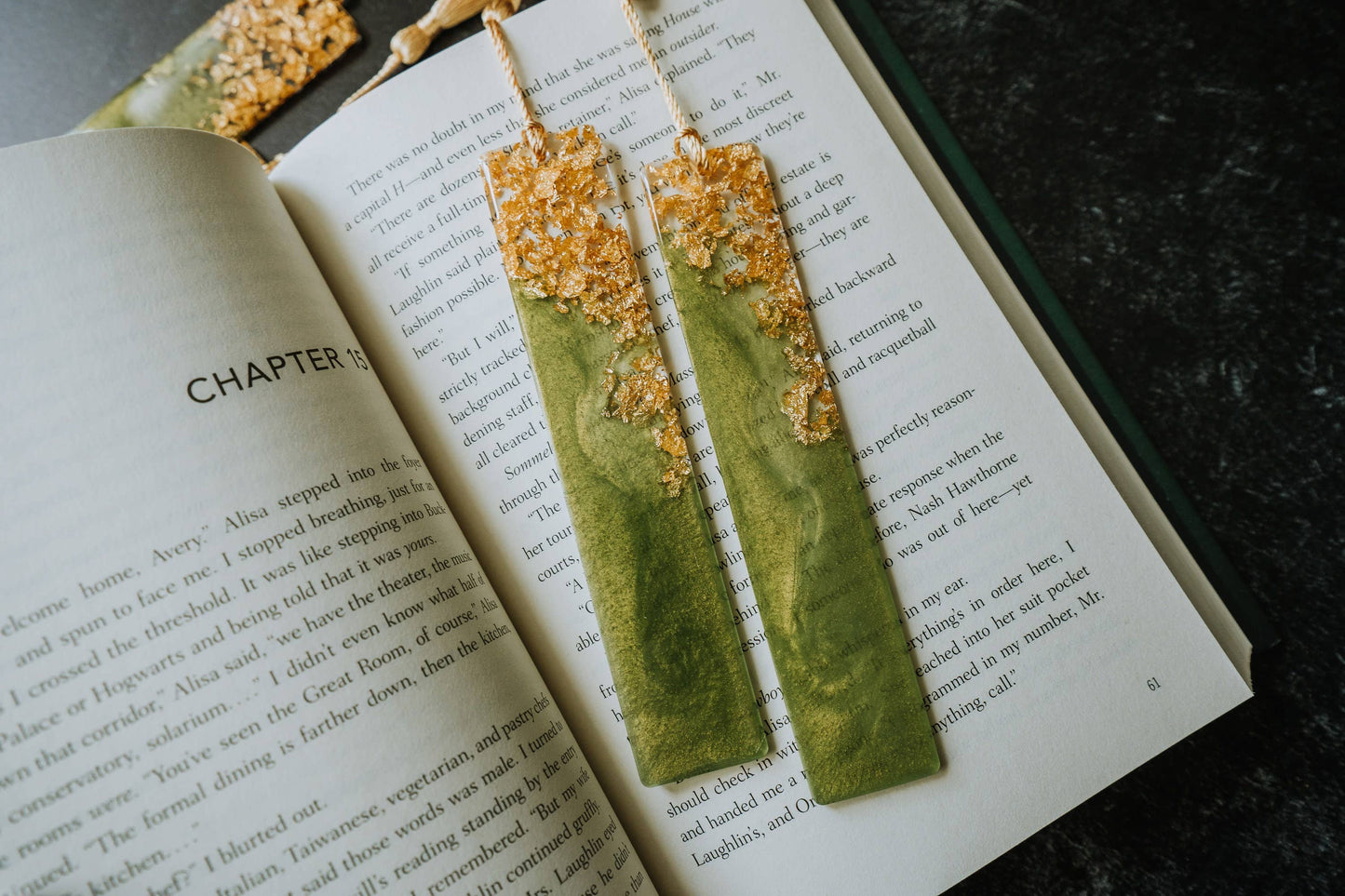 Olive Green & Gold Resin Bookmark