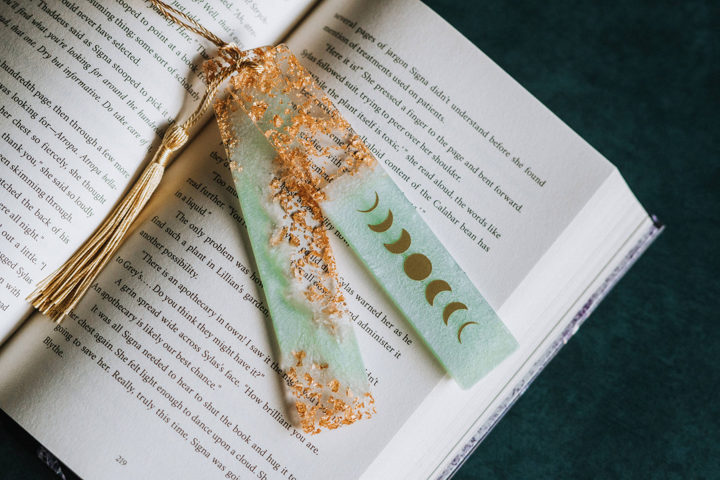 Sage Green Moon Phases & Geode Resin Bookmark: Moon Phases